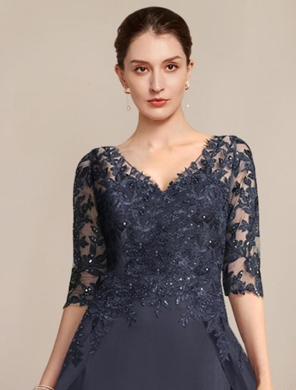Aimishang  Sheath / Column Mother of the Bride Dress Formal Wedding Guest Elegant V Neck Floor Length Chiffon Lace Half Sleeve with Sequin Appliques