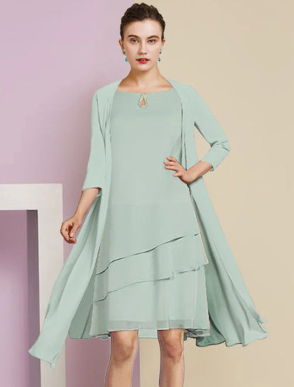 Aimishang  Two Piece A-Line Mother of the Bride Dress Formal Wedding Guest Elegant Scoop Neck Knee Length Chiffon 3/4 Length Sleeve with Tier