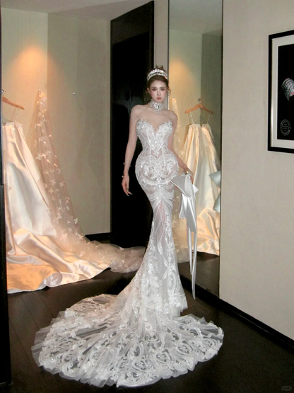 Elegant Glittering Beaded Sequined Applique Sweetheart Design Mermaid Wedding Dress Prom Dress Evening Dress HZ1024