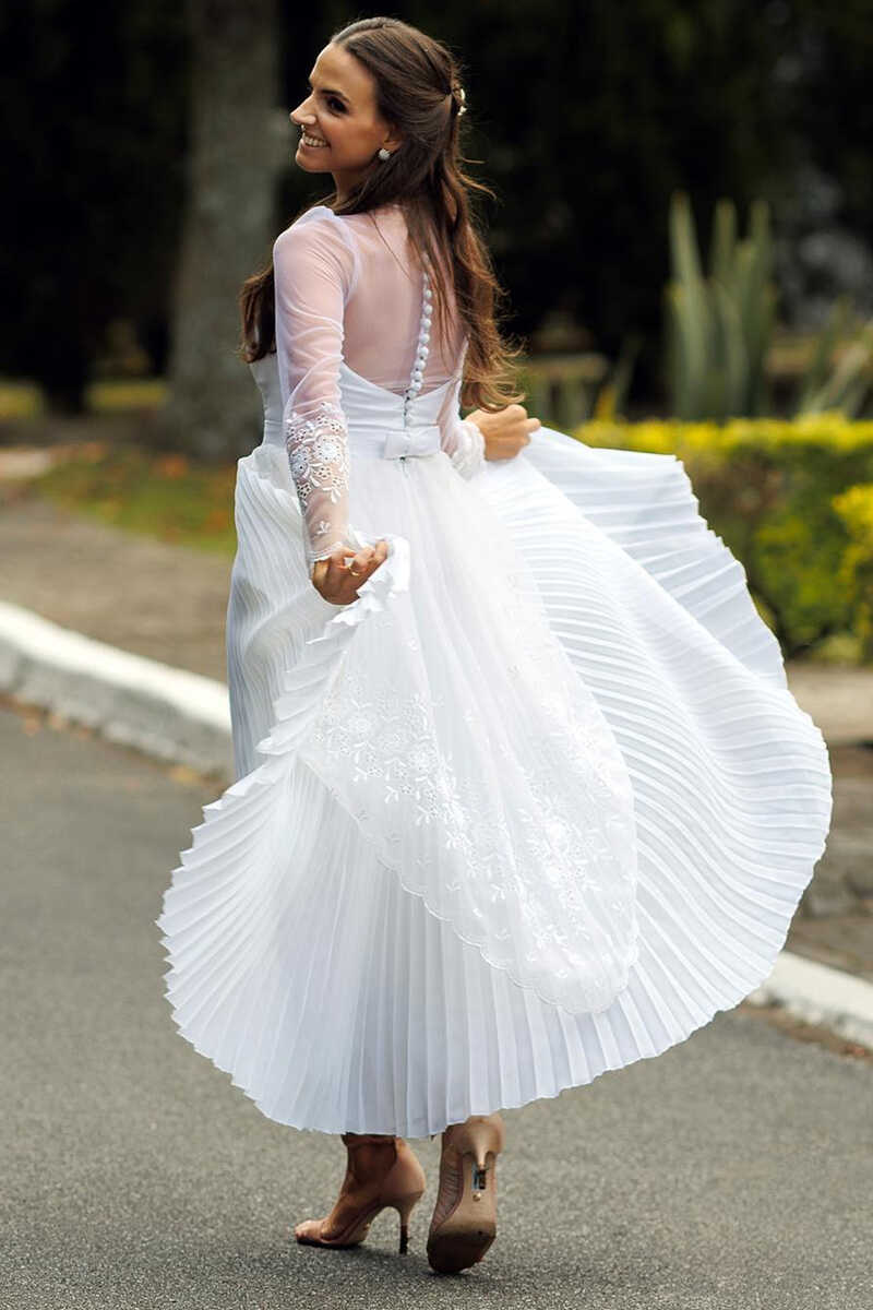White Sweetheart Sheer Sleeve Tea-length Wedding Dress
