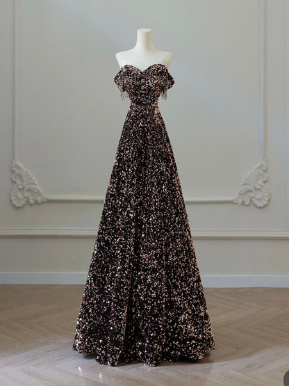 A-Line Off Shoulder Sequin Brown Long Prom Dress, Brown Long Evening Dress