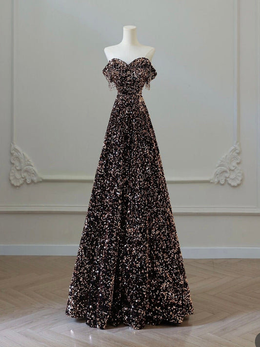 A-Line Off Shoulder Sequin Brown Long Prom Dress, Brown Long Evening Dress