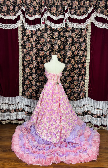 Gorgeous Applique Floral Sweet 16 Quinceanera Strapless A-Line Floor-length Tiered Prom Dress Evening Dress Ball Gown HZ1024