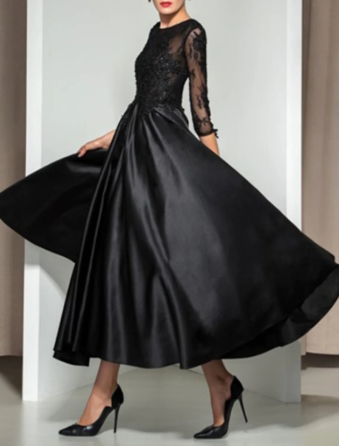 Aimishang A-Line Evening Gown Elegant Dress Wedding Guest Cocktail Party Ankle Length 3/4 Length Sleeve Illusion Neck Fall Wedding Guest Satin with Appliques