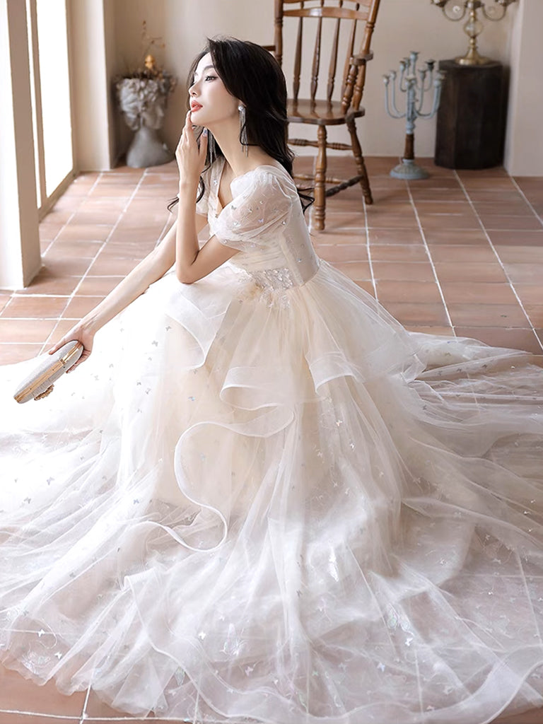 A-Line Light Champagne Tulle Lace Long Prom Dress, Light Champagne Long Evening Dress