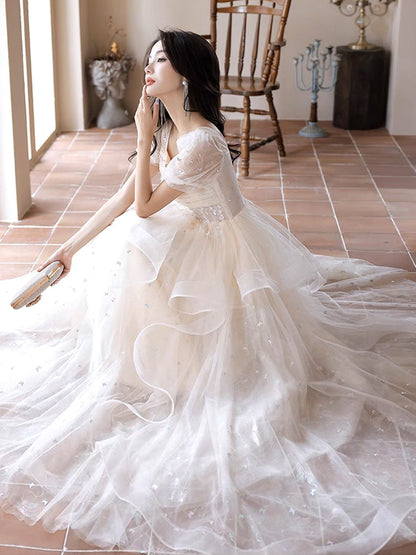 A-Line Light Champagne Tulle Lace Long Prom Dress, Light Champagne Long Evening Dress