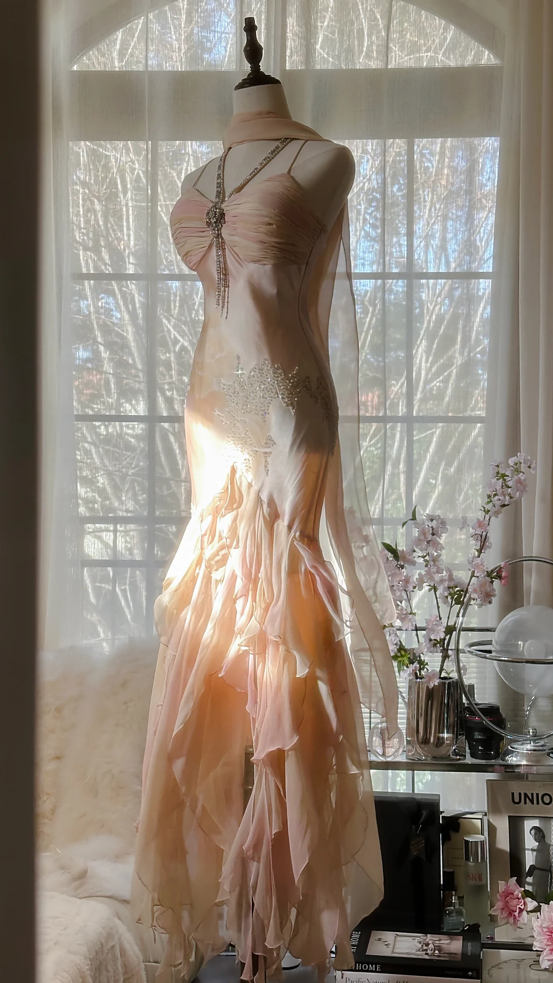 Vintage Mermaid Beaded Floral Design Romantic Chiffon Evening Dress Prom Dress HZ1024