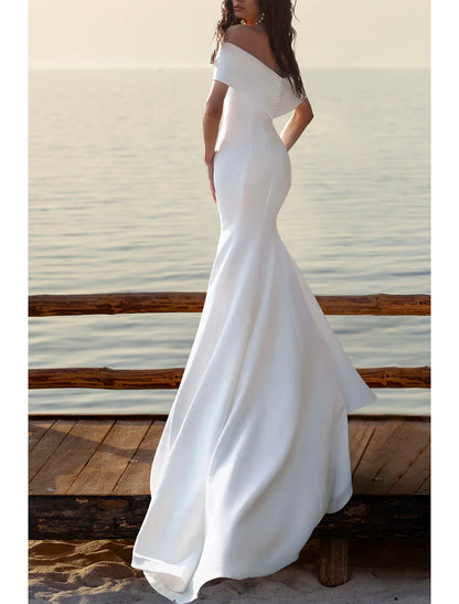 Aimishang Beach Simple Wedding Dresses Mermaid / Trumpet Off Shoulder Cap Sleeve Court Train Satin Bridal Gowns With Ruched