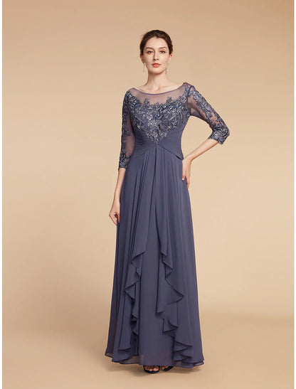Aimishang  A-Line Mother of the Bride Dress Elegant V Neck Floor Length Chiffon Lace 3/4 Length Sleeve with Ruffles Appliques