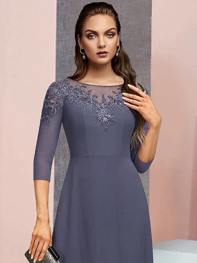 A-Line Mother of the Bride Dress Formal Elegant Jewel Neck Floor Length Chiffon Lace 3/4 Length Sleeve with Sequin Appliques