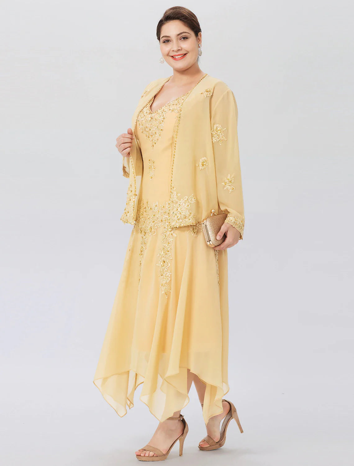 Aimishang A-Line Mother of the Bride Dress Formal Plus Size Elegant High Low V Neck Asymmetrical Chiffon Beaded Lace Long Sleeve Wrap Included with Beading Appliques