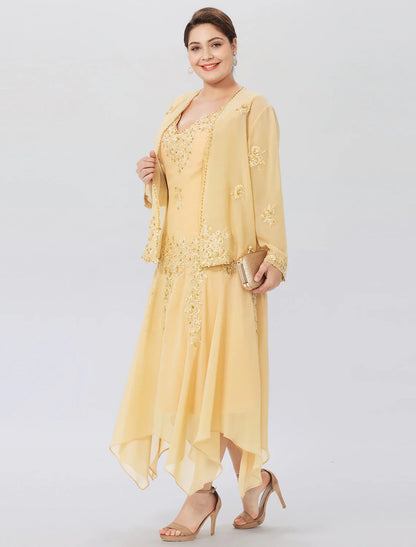 Aimishang A-Line Mother of the Bride Dress Formal Plus Size Elegant High Low V Neck Asymmetrical Chiffon Beaded Lace Long Sleeve Wrap Included with Beading Appliques