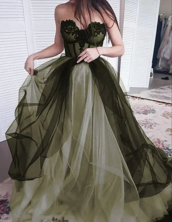 Vintage Dark Green A-Line Prom Dress Long Sweetheart Evening Dress Strapless Formal Dress HZ1024