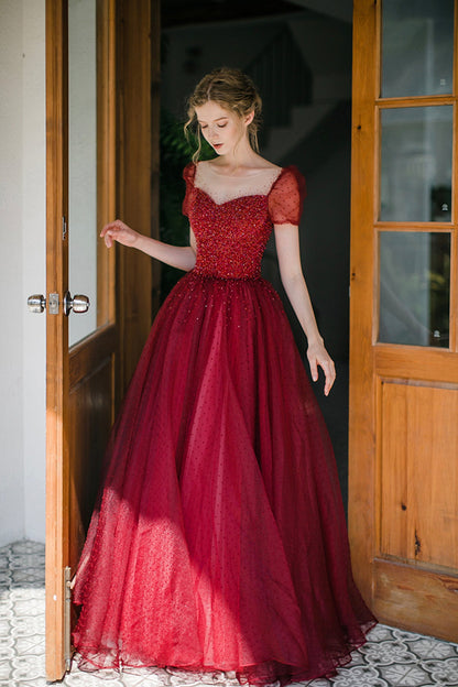 Burgundy Sparkling Beaded A-line Long Tulle Elegant Ball Gown Evening Dress 8645