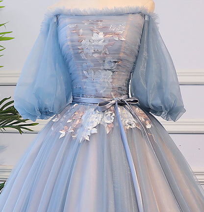 Blue tulle lace long ball gown dress formal dress  8624