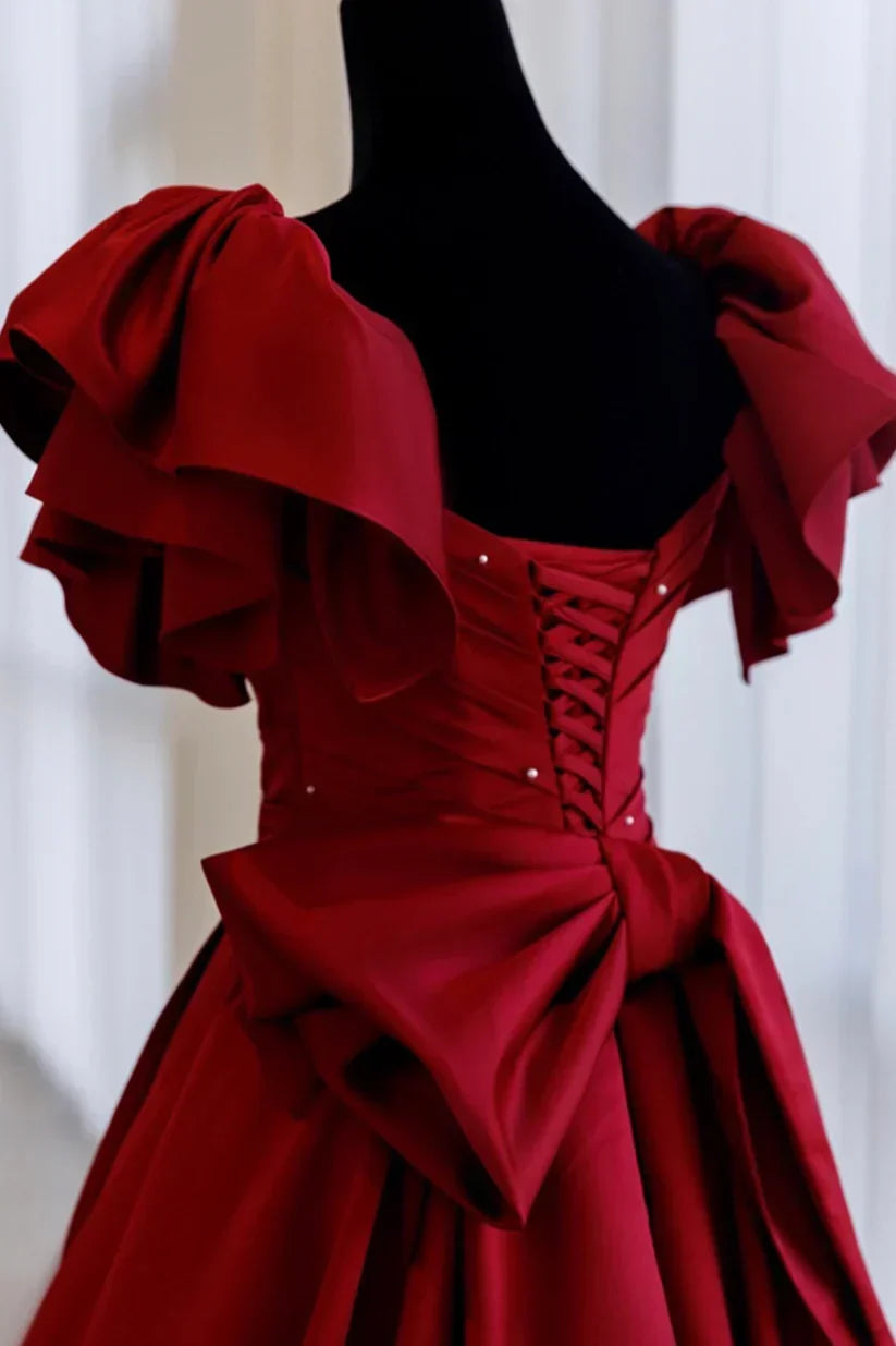 Gorgeous Burgundy V-neck Satin Puffy Sleeves Beading Sweet 16 Quinceanera A-Line Evening Dress Ball Gown HZ1024