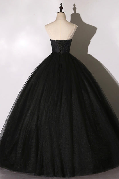 Black Delicate Lace Floral A-Line Long Tulle Ball Gown Evening Dress 8641