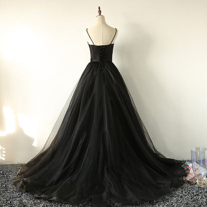 Black tulle long A line prom dress black evening dress  8803