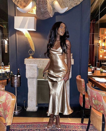 Mermaid Spaghetti Straps Long Prom Dress Gold Charming Evening Dress Black Girls Prom Dress cc401
