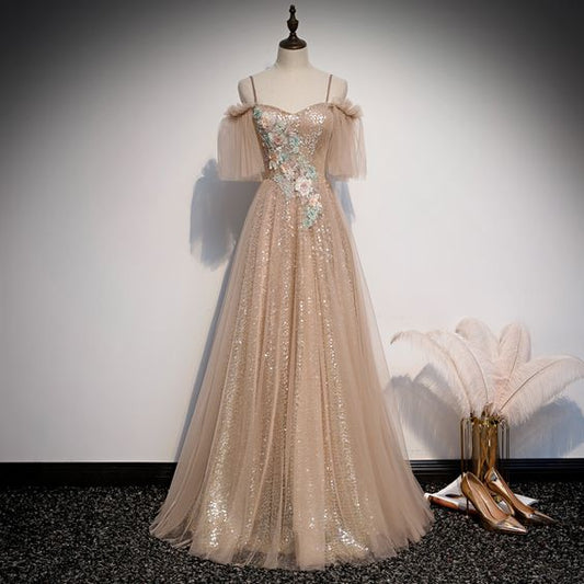 Champagne sequins tulle prom dress formal dress cc391