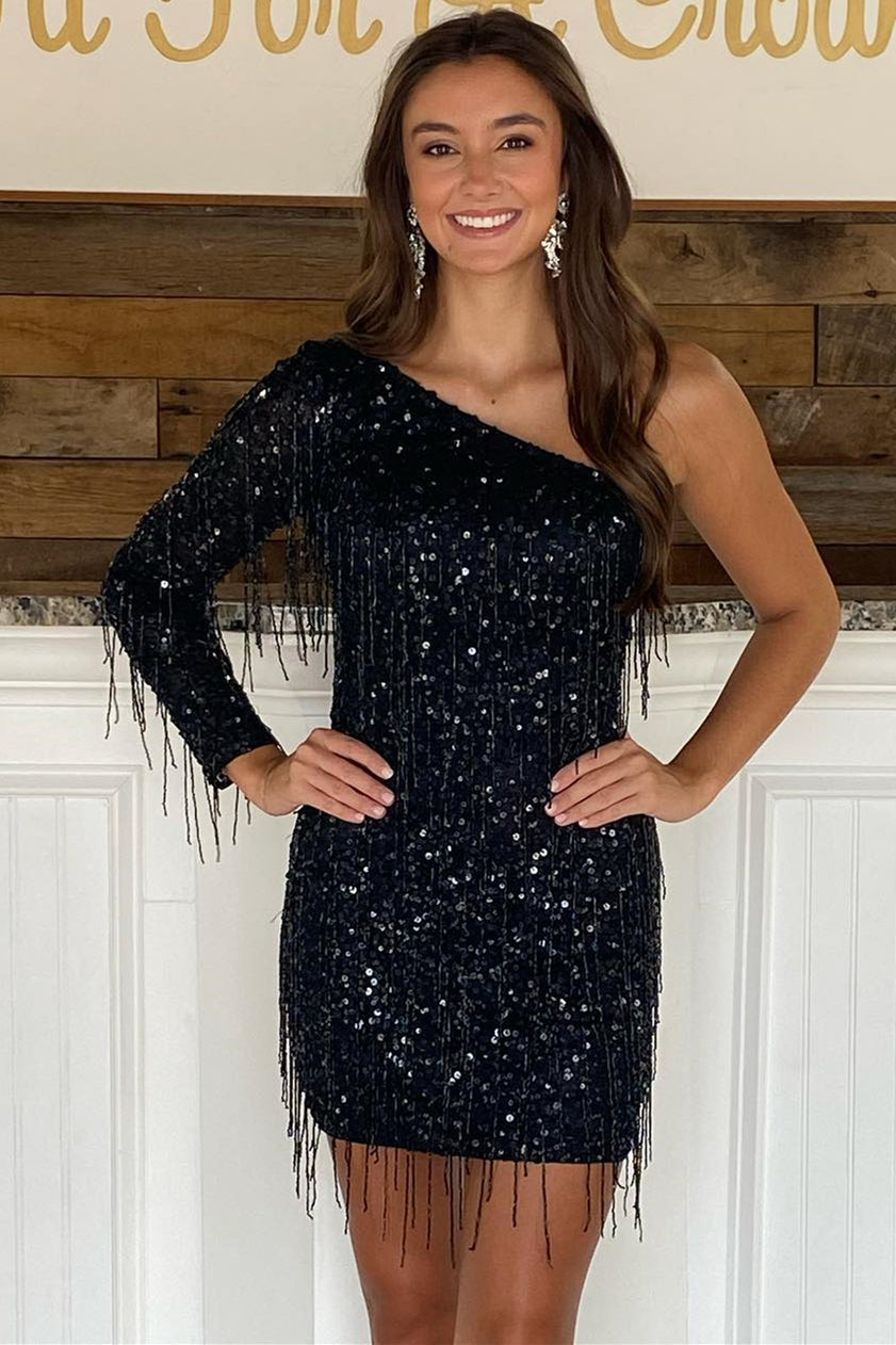 Black Sequin One-Sleeve Fringe Cocktail Gown