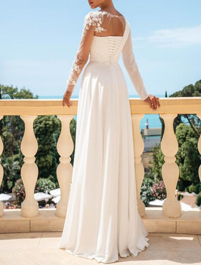 Aimishang Beach Mature Wedding Dresses A-Line Scoop Neck Long Sleeve Sweep / Brush Train Chiffon Bridal Gowns With Pleats Split Front