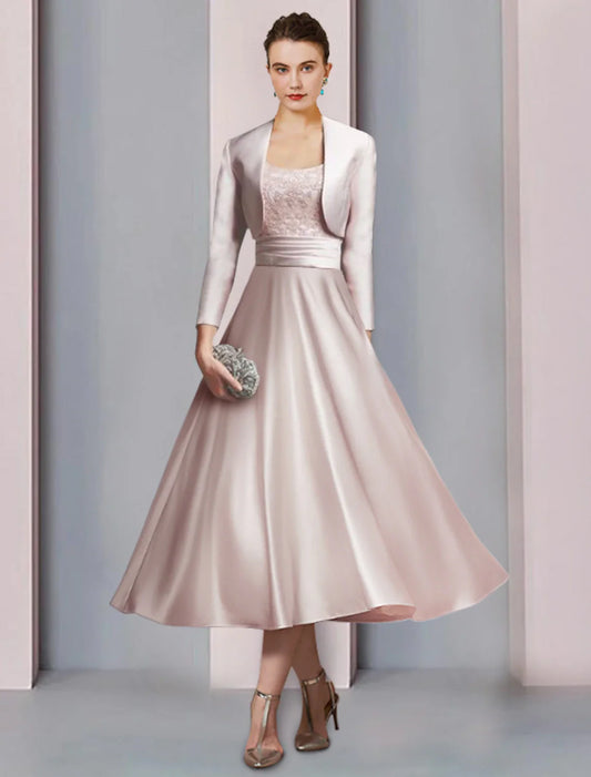 Wholesa Two Piece A-Line Mother of the Bride Dress Formal Church Party Elegant Scoop Neck Tea Length Satin Lace Half Sleeve with Appliques Ruching