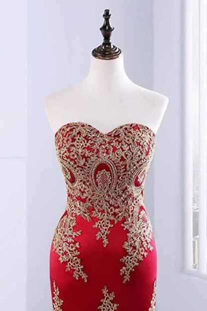 Sweetheart Mermaid Red Prom Dress Gold Appliqued Long Evening Dress