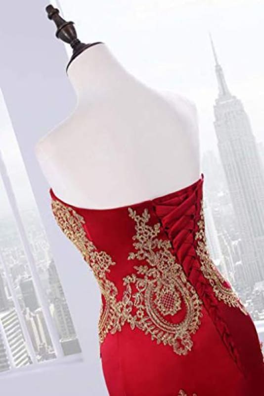 Sweetheart Mermaid Red Prom Dress Gold Appliqued Long Evening Dress