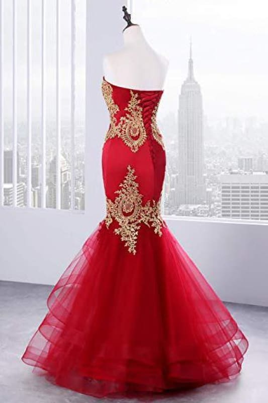 Sweetheart Mermaid Red Prom Dress Gold Appliqued Long Evening Dress