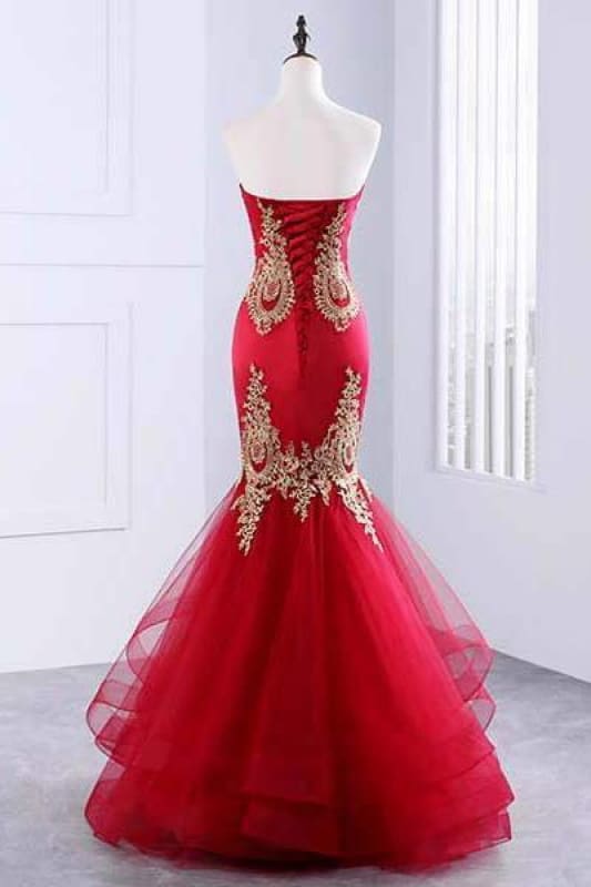 Sweetheart Mermaid Red Prom Dress Gold Appliqued Long Evening Dress