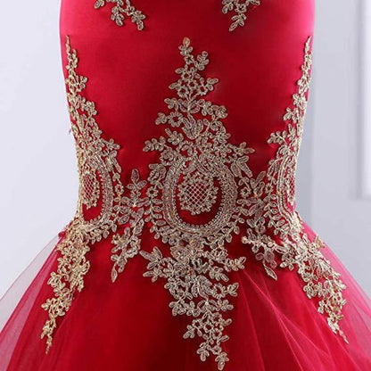 Sweetheart Mermaid Red Prom Dress Gold Appliqued Long Evening Dress