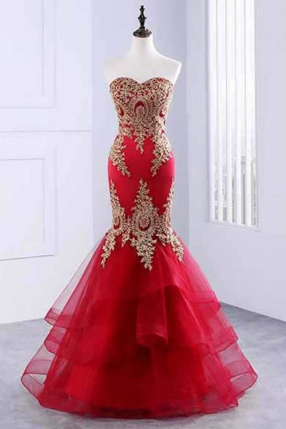 Sweetheart Mermaid Red Prom Dress Gold Appliqued Long Evening Dress