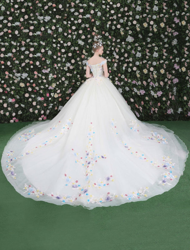 Luxury Off The Shoulder Flowers Quinceanera Dresses White Rhinestones Beading Short Sleeves Pageant Dresses With Train
