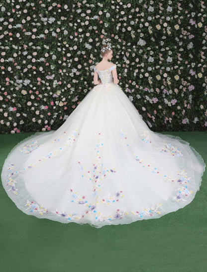 Luxury Off The Shoulder Flowers Quinceanera Dresses White Rhinestones Beading Short Sleeves Pageant Dresses With Train