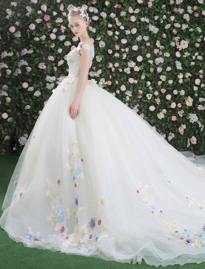 Luxury Off The Shoulder Flowers Quinceanera Dresses White Rhinestones Beading Short Sleeves Pageant Dresses With Train