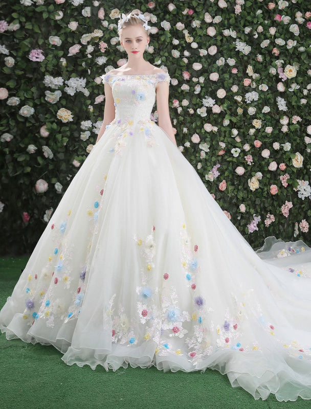 Luxury Off The Shoulder Flowers Quinceanera Dresses White Rhinestones Beading Short Sleeves Pageant Dresses With Train