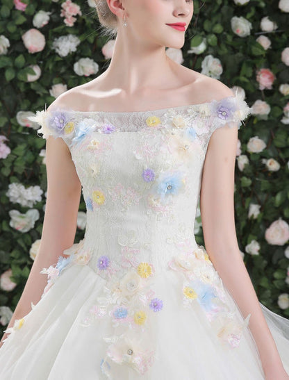 Luxury Off The Shoulder Flowers Quinceanera Dresses White Rhinestones Beading Short Sleeves Pageant Dresses With Train