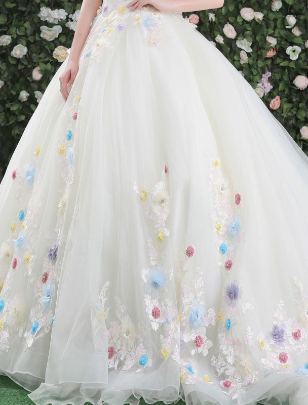 Luxury Off The Shoulder Flowers Quinceanera Dresses White Rhinestones Beading Short Sleeves Pageant Dresses With Train