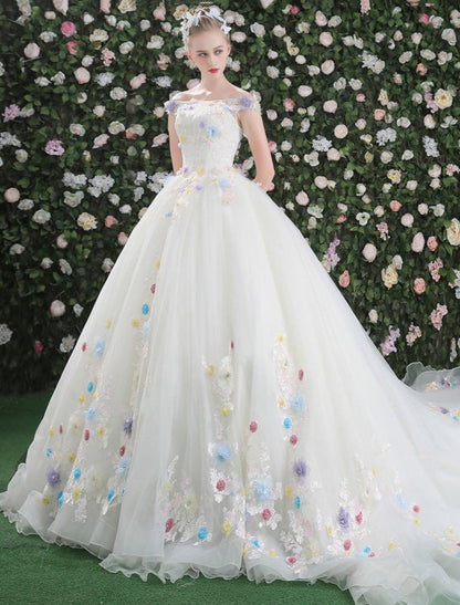 Luxury Off The Shoulder Flowers Quinceanera Dresses White Rhinestones Beading Short Sleeves Pageant Dresses With Train