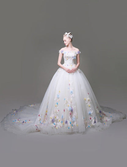 Luxury Off The Shoulder Flowers Quinceanera Dresses White Rhinestones Beading Short Sleeves Pageant Dresses With Train