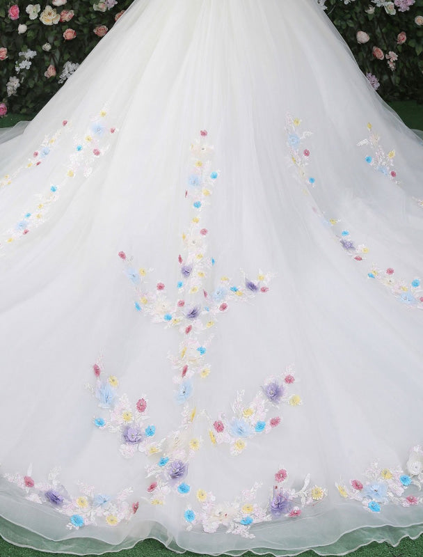Luxury Off The Shoulder Flowers Quinceanera Dresses White Rhinestones Beading Short Sleeves Pageant Dresses With Train