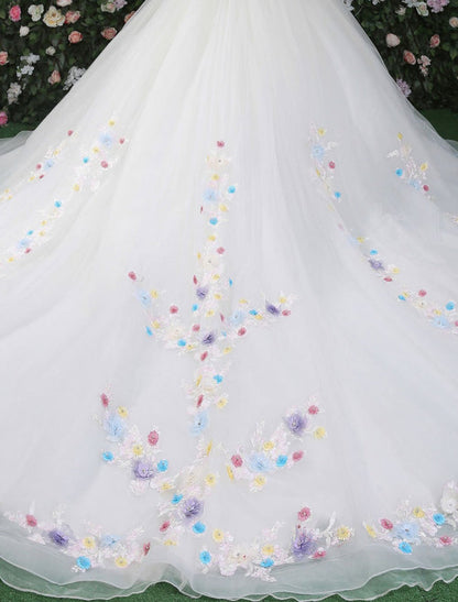 Luxury Off The Shoulder Flowers Quinceanera Dresses White Rhinestones Beading Short Sleeves Pageant Dresses With Train