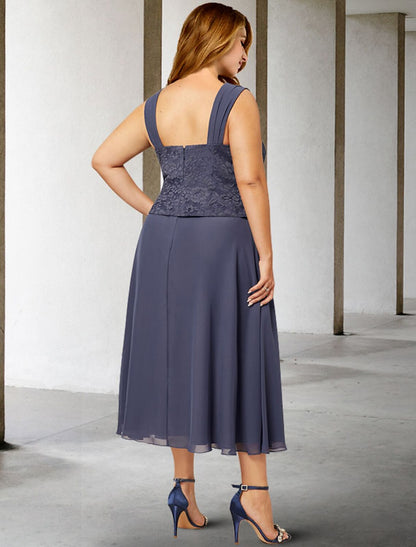 Aimishang  Two Piece A-Line Mother of the Bride Dresses Plus Size Hide Belly Curve Elegant Dress Formal Tea Length Sleeveless Square Neck Chiffon with Beading