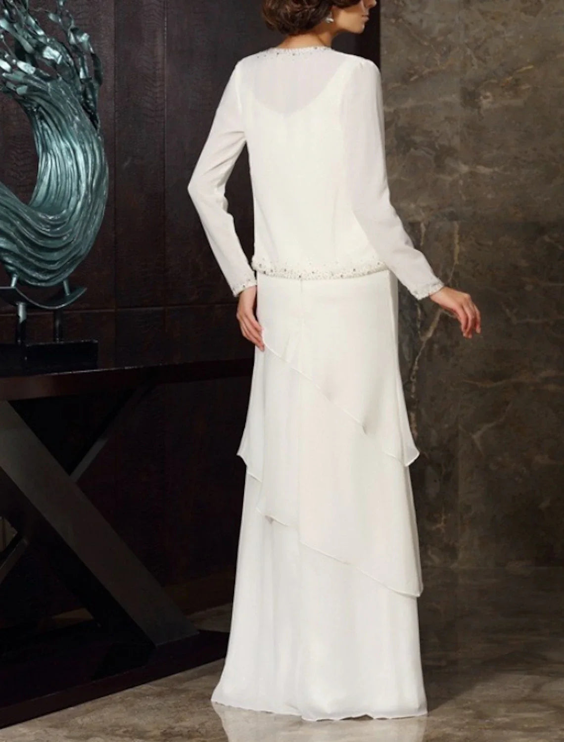Two Piece Sheath / Column Mother of the Bride Dress Wedding Guest Elegant Plus Size Jewel Neck Floor Length Chiffon Long Sleeve Wrap Included Short Jacket Dresses with Beading Cascading Ruffles
