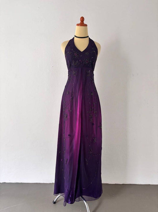 girlhomeshops--Purple Exquisite Floral Beaded Vintage Long Chiffon Prom Dress Homecoming Dress Fairy Dress  gh5677