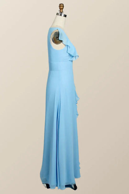 Blue Chiffon Ruffles Long Bridesmaid Dress