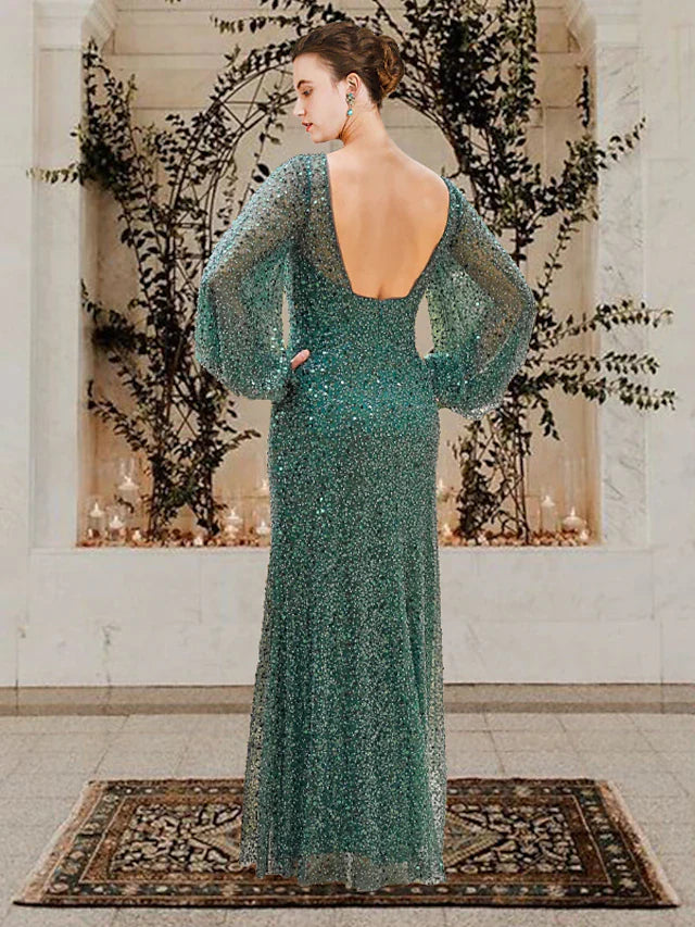 Sheath / Column Mother of the Bride Dress Elegant Sparkle & Shine V Neck Floor Length Lace Sequined Long Sleeve with Beading Sequin