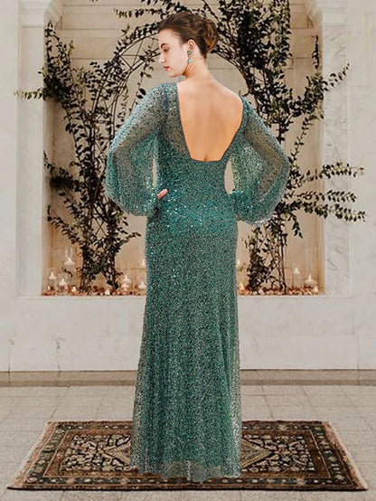 Sheath / Column Mother of the Bride Dress Elegant Sparkle & Shine V Neck Floor Length Lace Sequined Long Sleeve with Beading Sequin