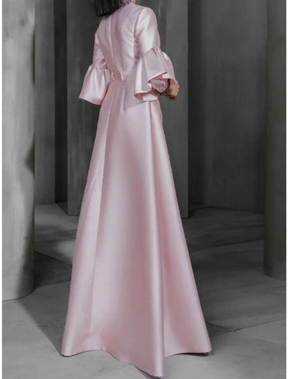 Aimishang A-Line Prom Dresses Elegant Dress Wedding Guest Prom Floor Length Long Sleeve High Neck Satin with Sash / Ribbon Buttons Ruffles Evening Dresses